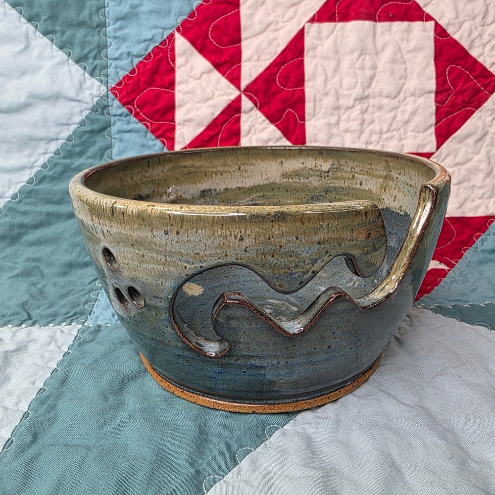 Studio Pottery Yarn Bowl Signed Bridges Blue Green Glaze Knitting Crochet Gift